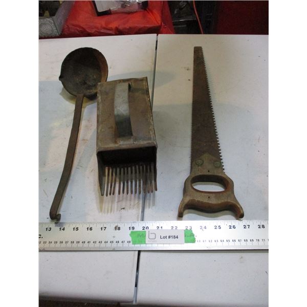 Vintage blacksmith ladel, berry picker + saw