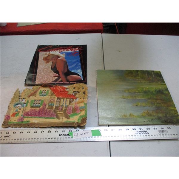 Vintage Calendar, wall hanging plus oil painting - signed
