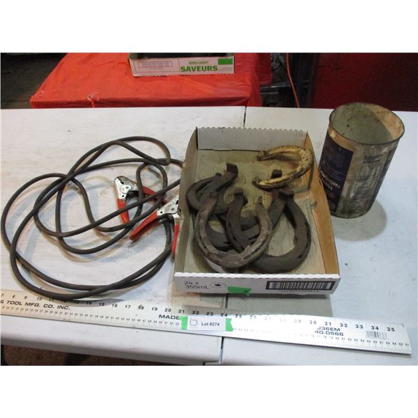 booster cables, horse shoes, misc