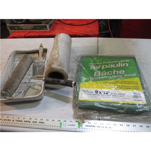9x12 new tarp, plastic wrap, misc