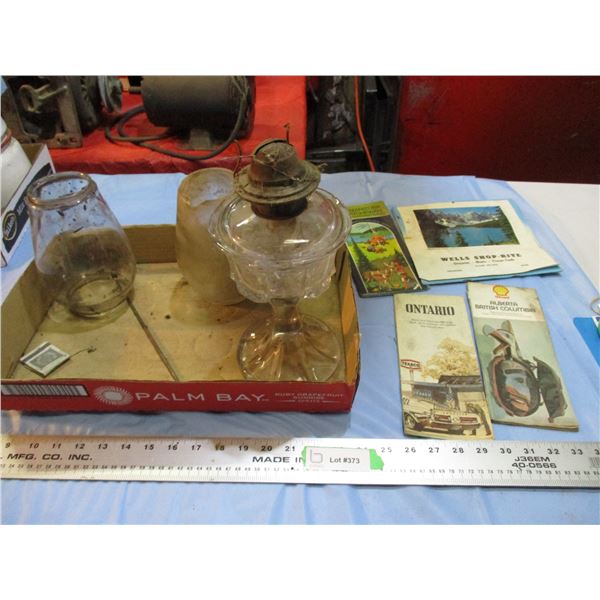 vintage road maps, glass lamp plus glass globes