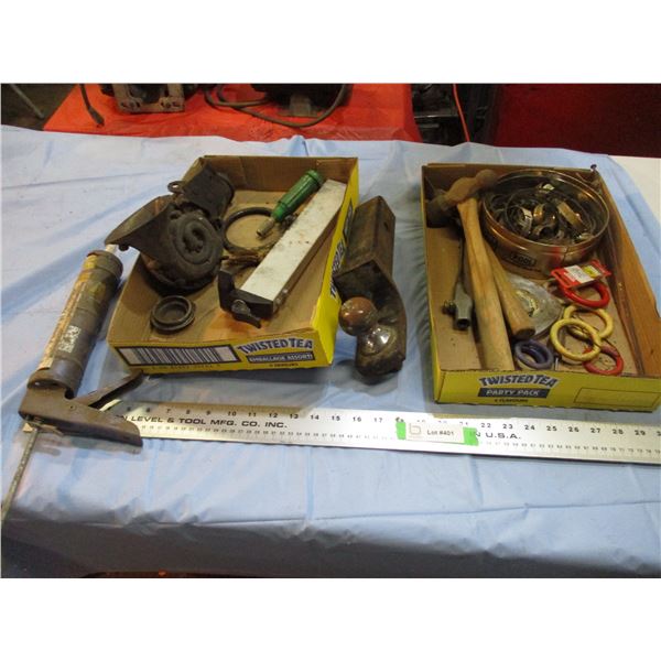 receiver hitch + ball, hose clamps, hammers, misc