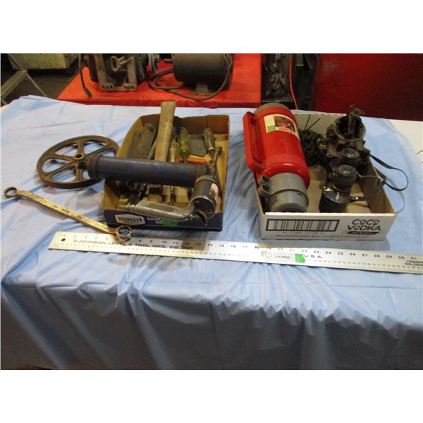 Grease Gun, Thermos, Carb, Tasco Binoculars, misc