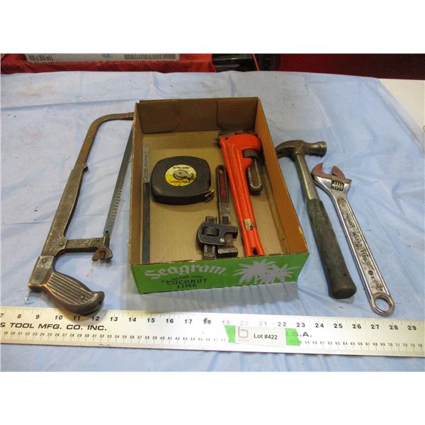 Hand saw, pipe wrenches, misc