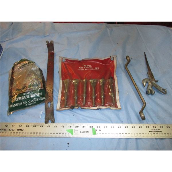 6pc air chisel set, pry bar, misc