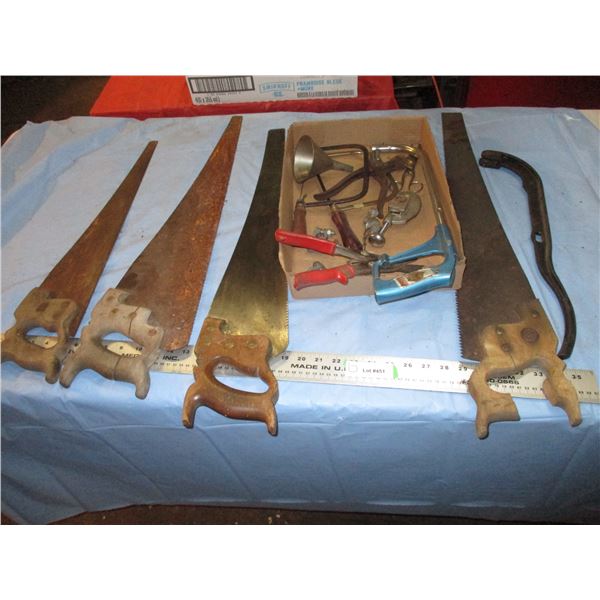 hand saws, pump handle, misc