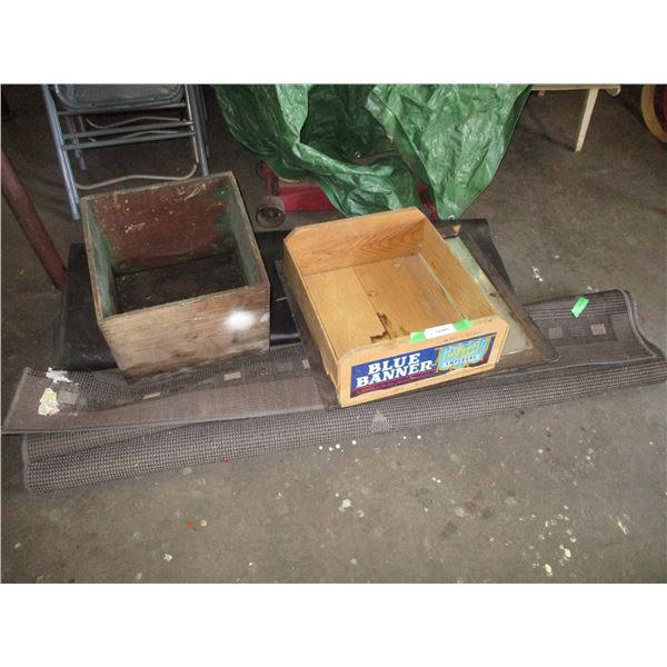 2 area rugs (1 is rubber needs cleaning) wooden box, mirror (needs repair)