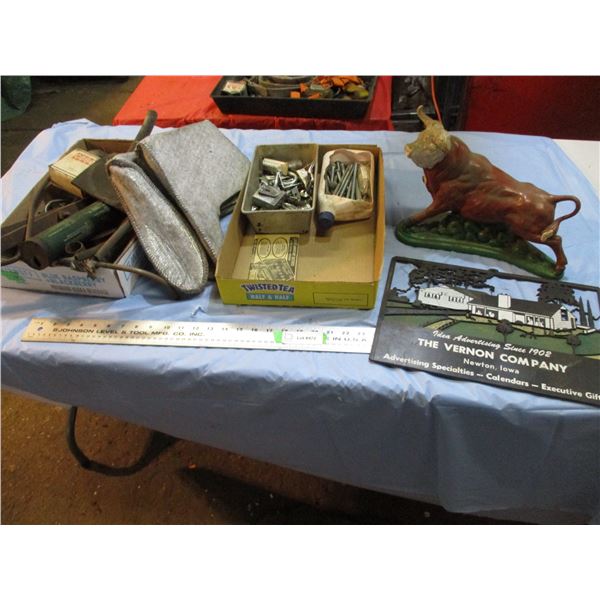 chalkware bull (broken leg), felt liners, nuts&bolts, misc