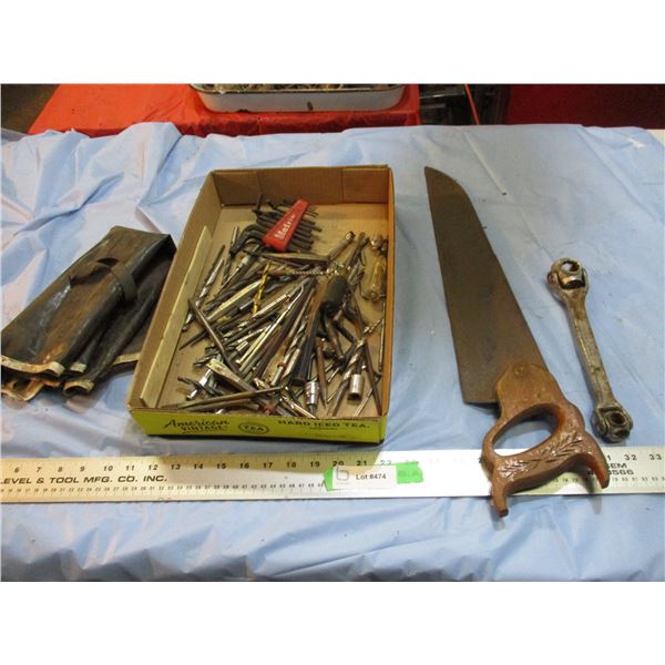 handsaw, drill bits, chisel, misc