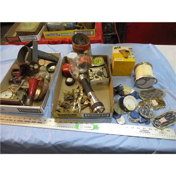 tire patches, filters, flashlight, misc