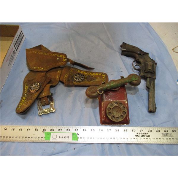 vintage toy telephone, holster + gun