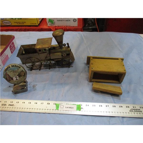 butter press, tin train ornament, misc