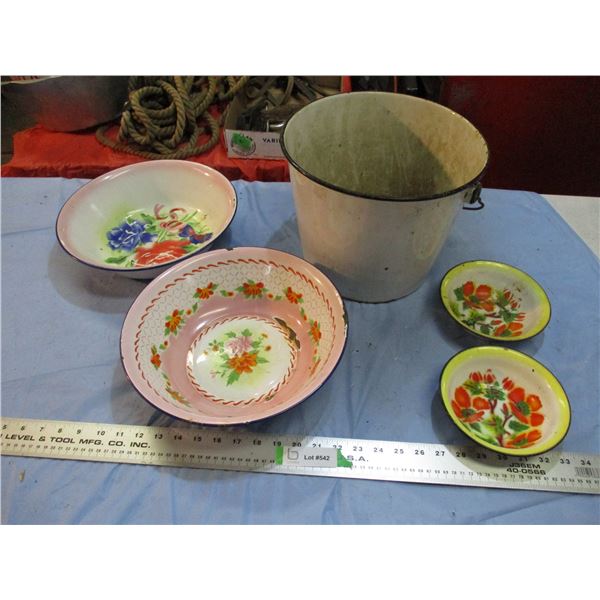 enamel bowls + pail