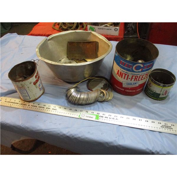 misc washers, nuts, antifreeze tin + misc