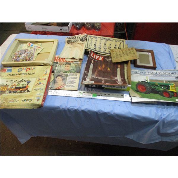 SnaPics transportation toy (Tupperware Branded), tractor calendar, misc