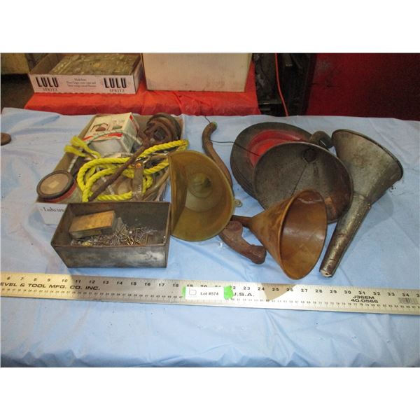 cistern pump handle, wheel, funnels, misc