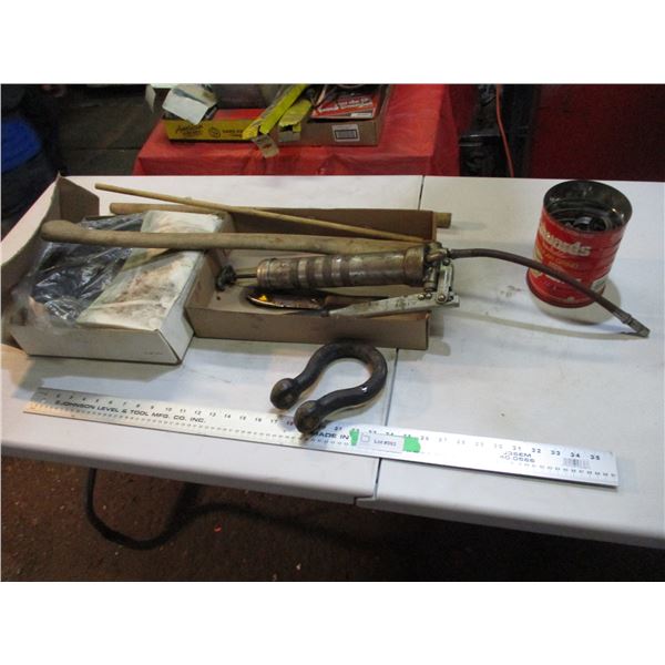 grease gun, clevis, hose clamps, misc