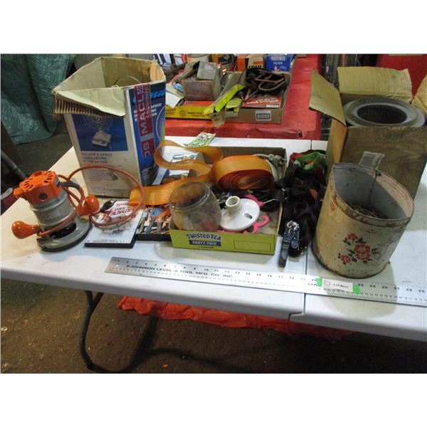 Tie down strap, nails, dvd, vhs, black & decker router, misc
