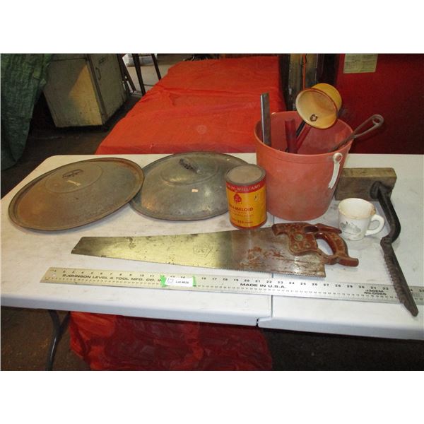 hand saw, dough pan lids, clamps, misc