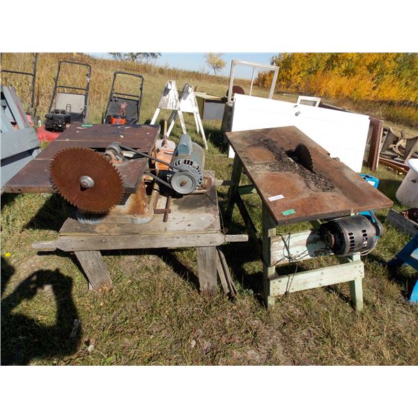 Two Vintage Table Saws on Wooden Stands