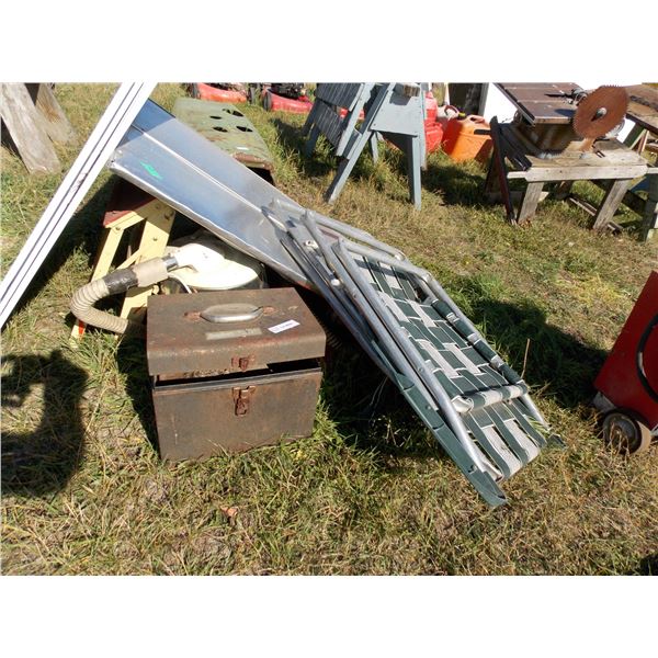 Lawn Chairs and Step Ladder with misc metal doors