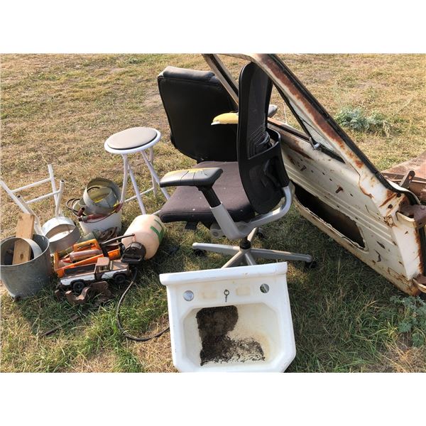 Ford 1953 Truck Door with 2 office chairs, misc parts