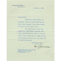 Harry S. Truman Typed Letter Signed as President
