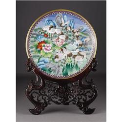 Large Chinese cloisonne enamel charger on stand