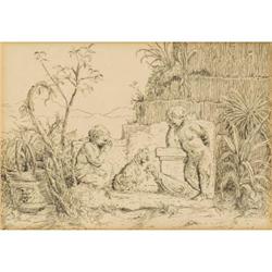 American School, Ink on paper, Cock Fight