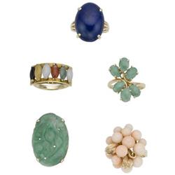 Jade, Coral, Lapis Lazuli, Gold Ring Lot