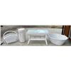 Image 1 : WHITE WICKER SET OF FOUR ACCENT PIECES TO INCLUDE COFFEE TABLE WITH GLASS TOP, WICKER BASKET, SMALL 
