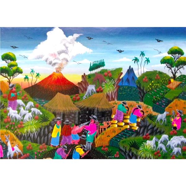Vintage Folk Art, Equador Village Scene, Animal Skin Painting