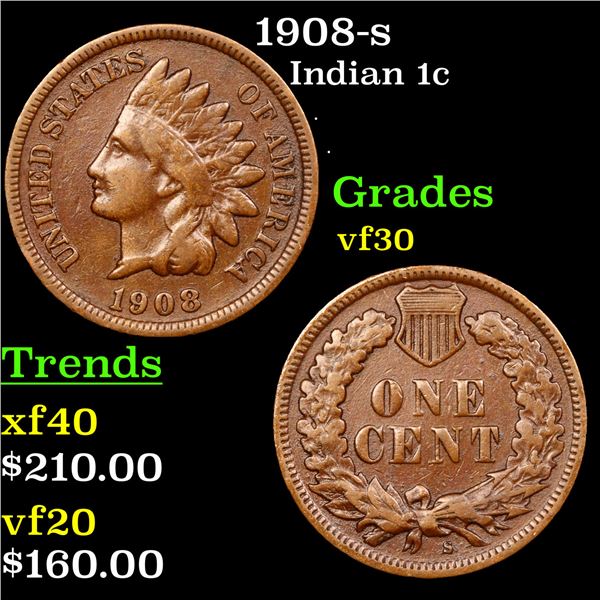 1908-s Indian Cent 1c Grades vf++