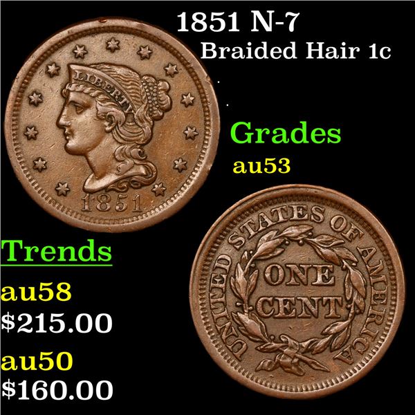 1851 N-7 Braided Hair Large Cent 1c Grades Select AU