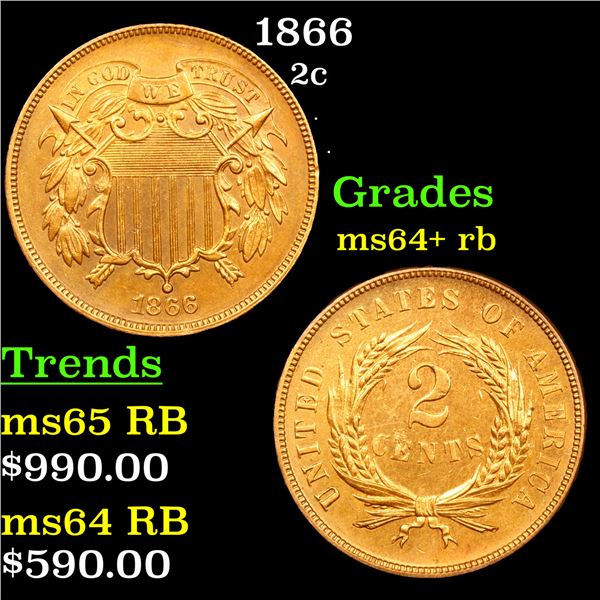 1866 Two Cent Piece 2c Grades Choice+ Unc RB