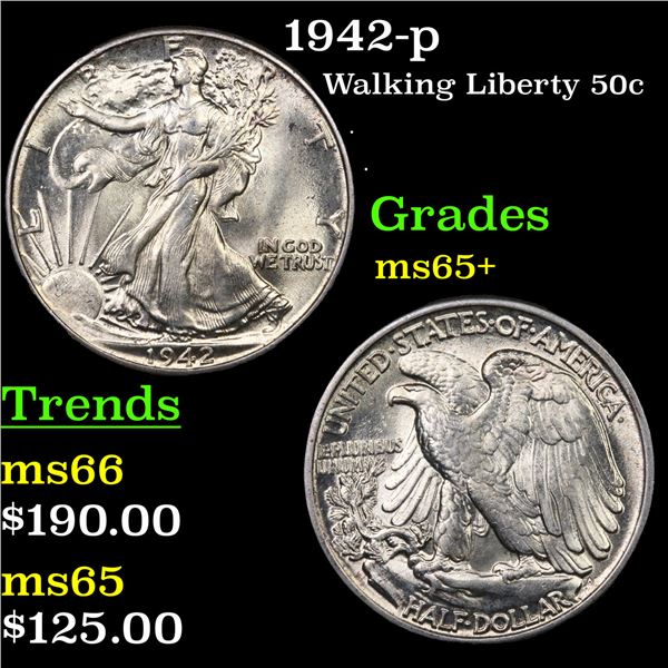 1942-p Walking Liberty Half Dollar 50c Grades GEM+ Unc
