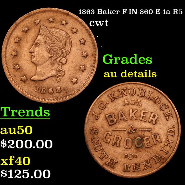 1863 Baker F-IN-860-E-1a R5 Civil War Token 1c Grades AU Details