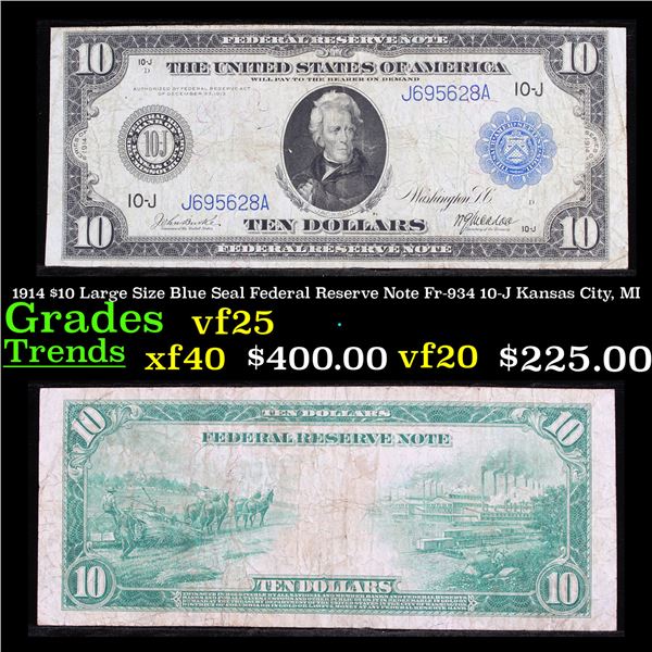 1914 $10 Large Size Blue Seal Federal Reserve Note 10-J KA missouri Fr-934  Grades vf+