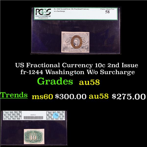 PCGS US Fractional Currency 10c 2nd Issue fr-1244 Washington W/o Surcharge Graded au58 By PCGS