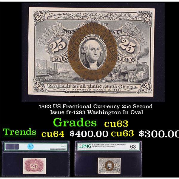 1863 US Fractional Currency 25c Second Issue fr-1283 Washington In Oval Graded cu63 By PMG
