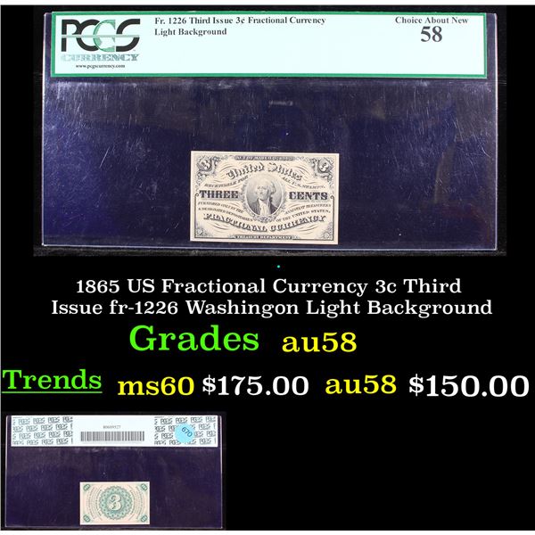 PCGS 1865 US Fractional Currency 3c Third Issue fr-1226 Washingon Light Background Graded au58 By PC
