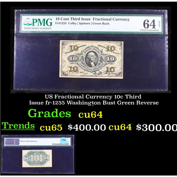 US Fractional Currency 10c Third Issue fr-1255 Washington Bust Green Reverse Graded cu64 By PMG