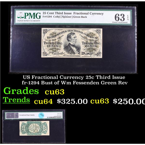 US Fractional Currency 25c Third Issue fr-1294 Bust of Wm Fessenden Green Rev Graded cu63 By PMG