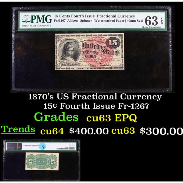 1870's US Fractional Currency 15¢ Fourth Issue Fr-1267 Graded cu63 EPQ By PMG
