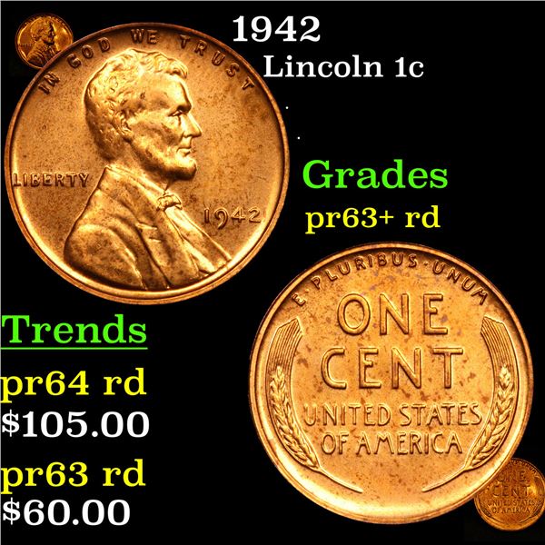 Proof 1942 Lincoln Cent 1c Grades Select+ Proof Red