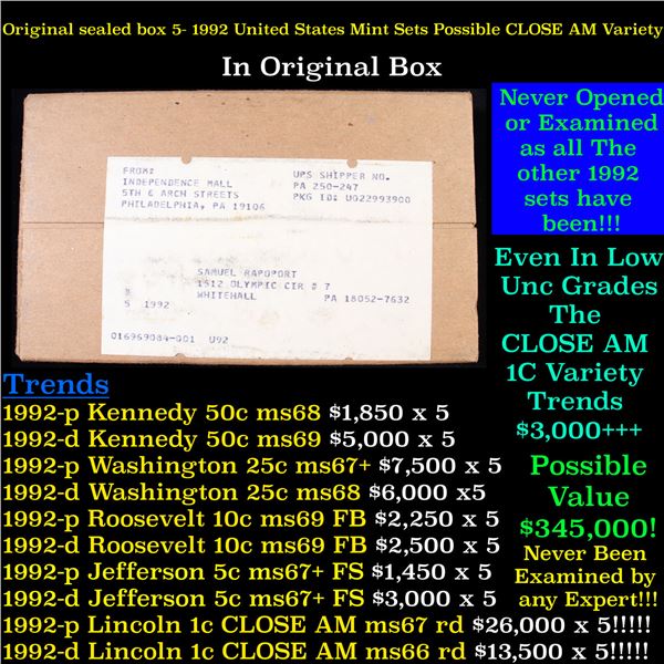 Original sealed box 5- 1992 United States Mint Sets Possible CLOSE AM Variety!