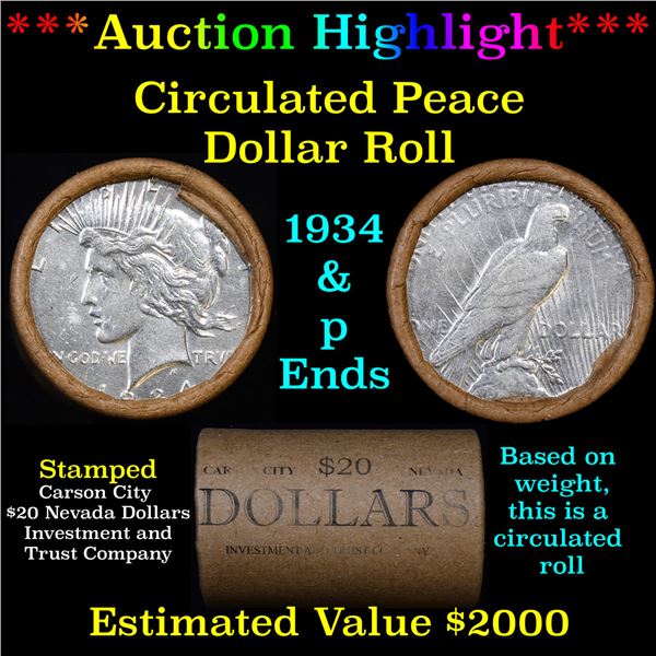 ***Auction Highlight*** Full solid Date Peace silver dollar roll, 20 coin 1934 & 'P' Ends (fc)