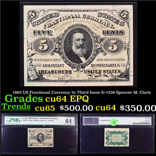 1863 US Fractional Currency 5c Third Issue fr-1239 Spencer M. Clark Graded cu64 EPQ By PMG