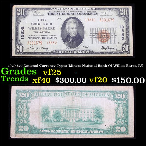 1929 $20 National Currency Type2 'Miners National Bank Of Wilkes-Barre, PA'  Grades vf+