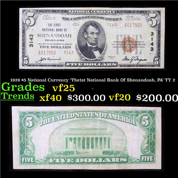1929 $5 National Currency 'The1st National Bank Of Shenandoah, PA' TY 2 Grades vf+
